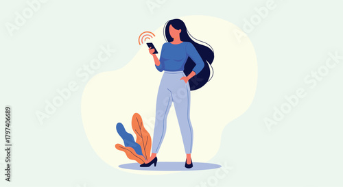 A woman standing and holding a smartphone with signals emanating from it. .