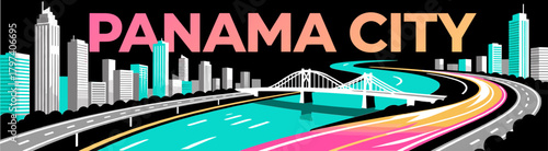 Panama City skyline and canal on black background