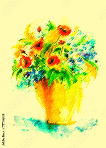 A bouquet of flowers in watercolor. Vintage postcard, poster, sticker, image. Beautiful, fashionable flowers, buds. Poppy, mimosa, hydrangea, wild flowers and herbs 