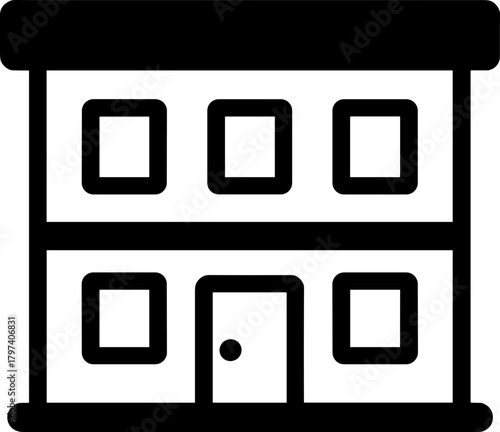 Office building icon in black and white on white background