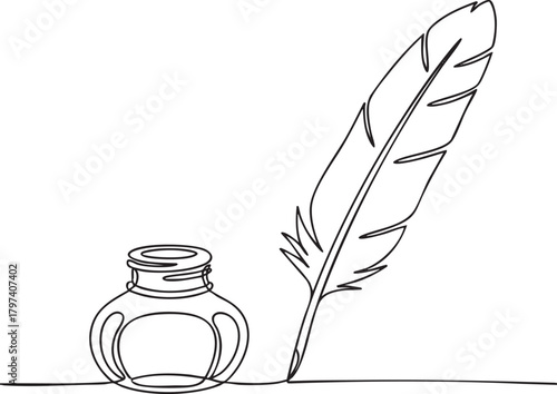 Inkwell and pen continuous one line feather drawing in a clean minimal vector outline style for elegant illustration