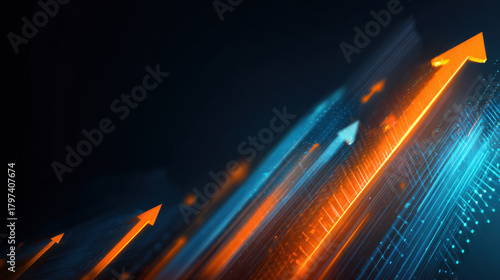 Futuristic progress bar glowing upgrade arrow digital growth neon data visualization optimistic business technology