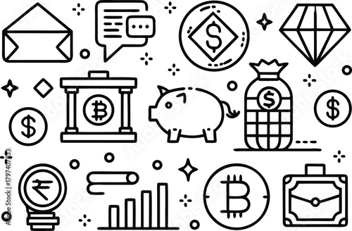 Finance and cryptocurrency icons: coins, piggy bank, and bitcoin