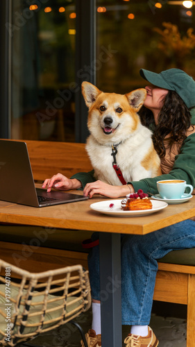 Canvas Print Woman and corgi dog enjoying a coffee break at an outdoor cafe