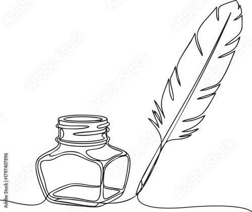 Inkwell and pen continuous one line feather drawing in a clean minimal vector outline style for elegant illustration