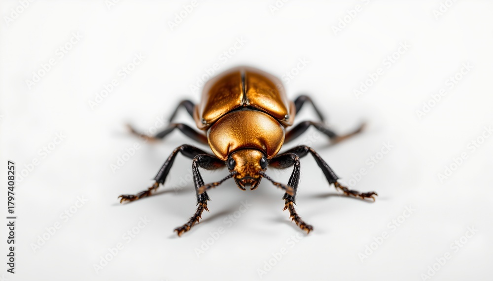 Naklejka premium A gold colored beetle with distinctive wing covers, standing prominently against a plain white background.