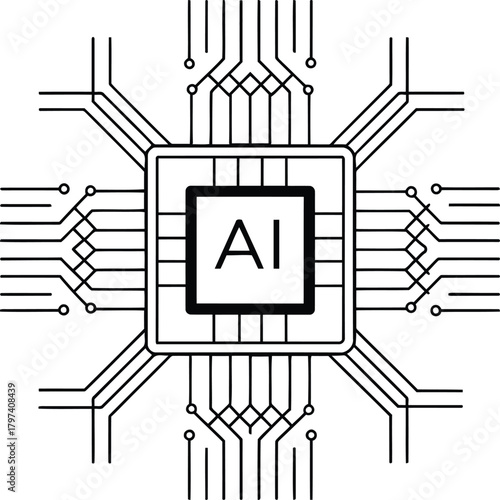 A minimalist illustration of an ai chip with connections and a square containing the letters ai