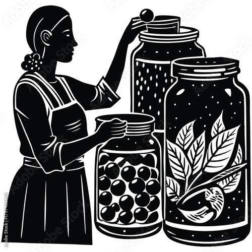 Canning Woman Silhouette Preparing Food for Winter with Preserved Jars on White Background