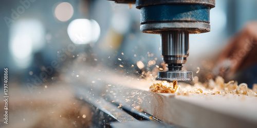 Close-up of CNC milling machine cutting wood with flying sawdust and wood shavings in a woodworking workshop environment