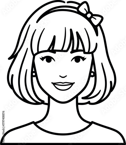 Minimalist,Line,Art,Portrait,Cartoon,Character,Bob,Hair,Bangs,Bow,Earrings,Female,Face,Icon,Black,White,Drawing,Simple,Design,Avatar