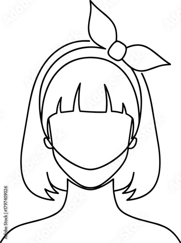 Minimalist,Line,Art,Portrait,Cartoon,Character,Shoulder-Length,Hair,Bangs,Bow,Headband,Mask,Female,Face,Icon,Black,White,Drawing,Simple,Design
