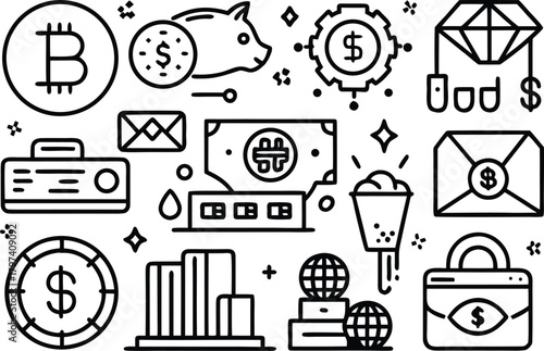 Finance and cryptocurrency icons collection in a minimalist line art style