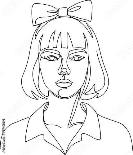 Minimalist,Line,Art,Portrait,Continuous,Drawing,Stylized,Character,Short,Hair,Bangs,Bow,Headband,Female,Face,Icon,Black,White,Design,Avatar