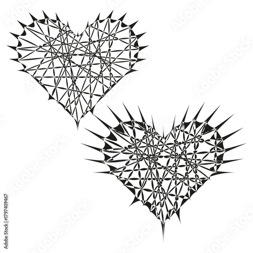 Two spiky hearts. Abstract barbed wire. Geometric network Vector shape. Black sharp element.