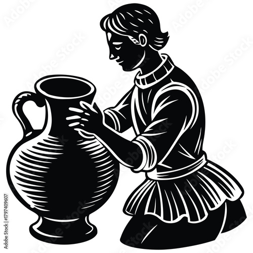 Aquarius Zodiac Sign Silhouette with Water Jug Illustration Art on White Background