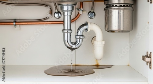 Leaking sink pipe with water puddle on cabinet floor