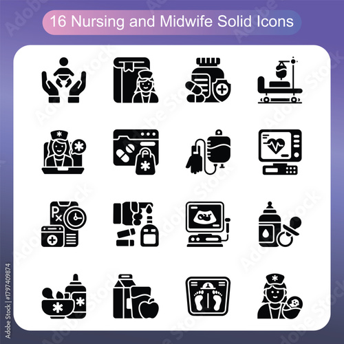 Nursing and Midwife Solid Style Icons Set 2