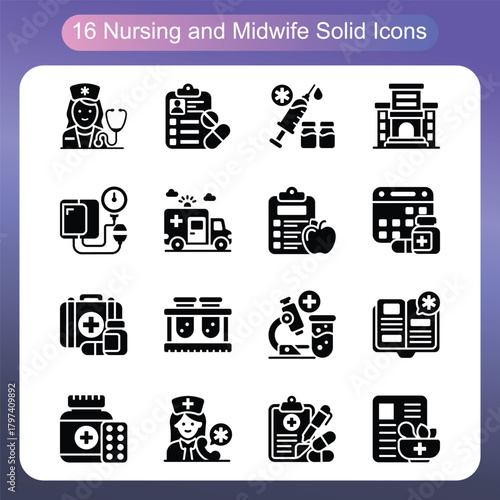 Nursing and Midwife Solid Style Icons Set 1