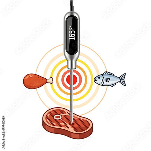 Food thermometer checking temperature of meat and fish.