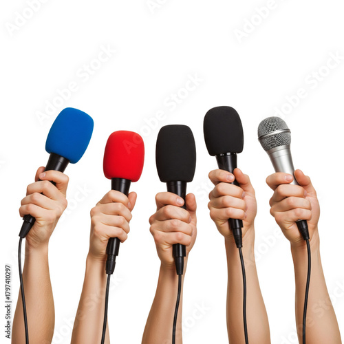 Many hands holding colorful microphones isolated on white