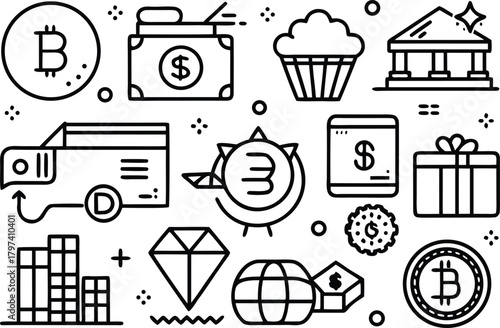 Financial and crypto icons: currency, investment, gifts, and bitcoin