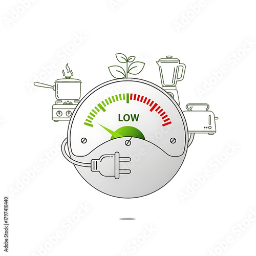 Energy usage monitor showing low power consumption for appliances.