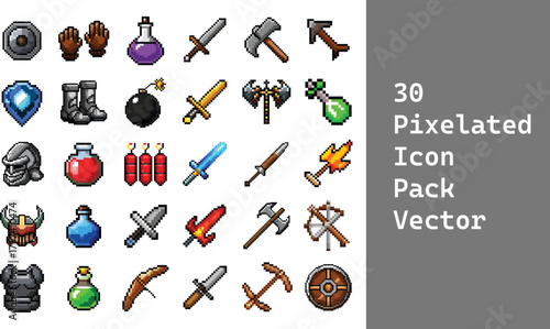 30 Pixelated icon pack of ancient weapons Vector