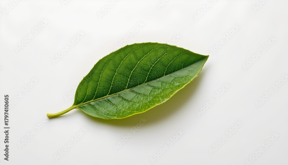 Obraz premium A single leaf of the mint plant, placed against a white background. The leaf is vibrant green with visible water droplets suggesting freshness, highlighting its natural texture and freshness.