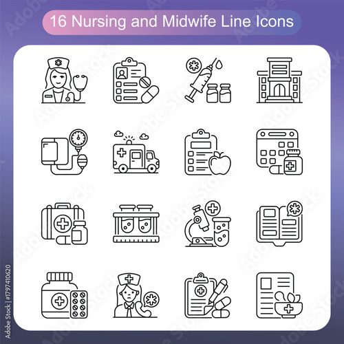 Nursing and Midwife Line Style Icons Set 1
