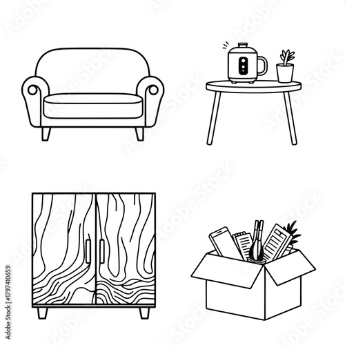 “Create a clean flat-design illustration divided into four quadrants. Show a rounded modern sofa in the upper left, a small table with a rice cooker and mug in the upper right, a wooden-patterned cabi