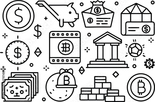 Finance and cryptocurrency icons set in outline style