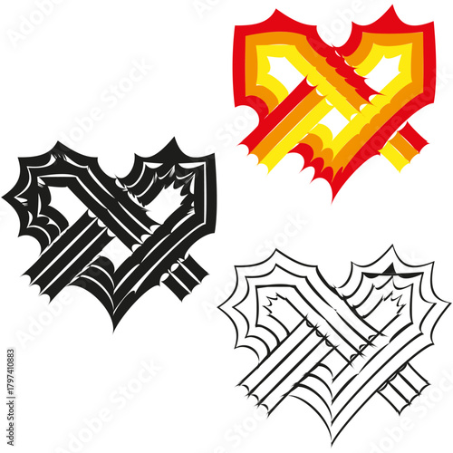 Abstract spiked hearts. Grunge element Vector. Modern sharp figure. Black line contour.
