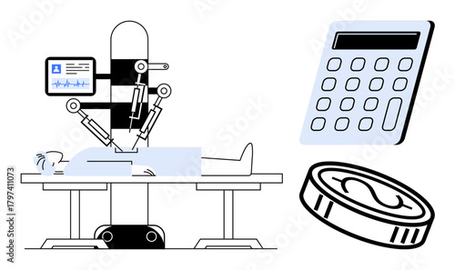 Robotic arms operating on patient, monitor with stats, coin, and calculator suggesting medical technology, cost, healthcare advancements. Ideal for innovation, healthcare, robotics surgery