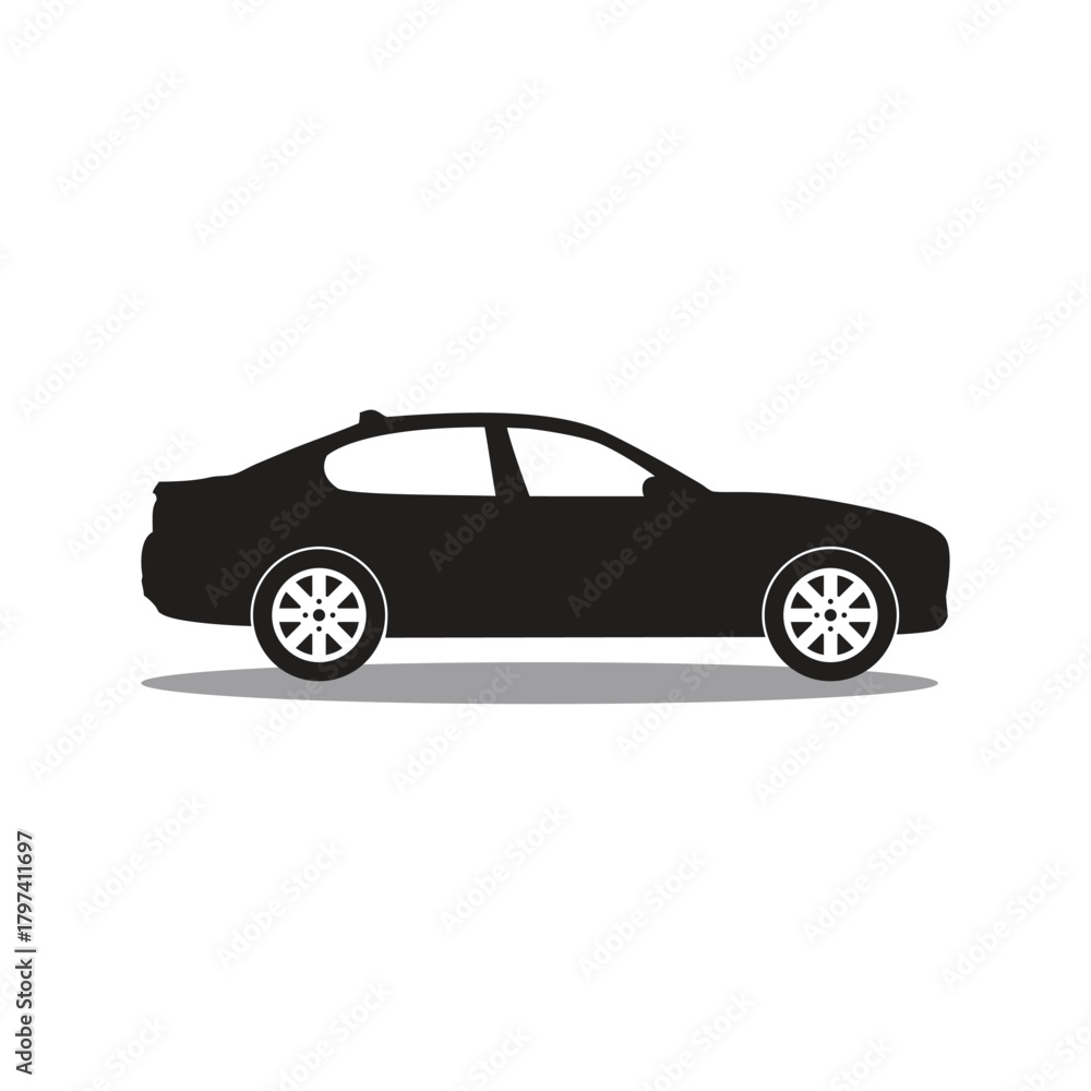 Naklejka premium Black silhouette of a sedan car on a white background Keywords: car, automobile, vehicle, sedan