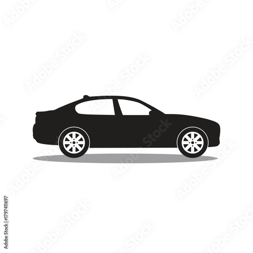Black silhouette of a sedan car on a white background Keywords: car, automobile, vehicle, sedan
