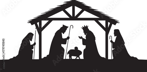 Black silhouettes depict shepherds and kings visiting baby Jesus under stable roof