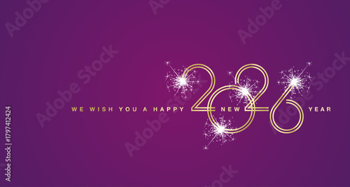2026 logo design. We wish You a Happy New Year 2026 gold double line design numbers with white sparkle firework purple background greeting card