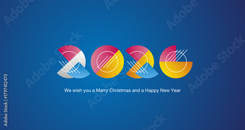 Merry Christmas and a Happy New Year 2026 modern colorful abstract shaped numbers composed of quarter and half circles and white lines. 2026 sign icon on blue background