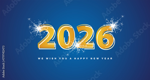 2026 New Year modern gradient orange yellow numbers logo design on blue background with white and yellow concept neon light line shaped numbers over all