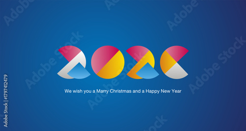 Merry Christmas and a Happy New Year 2026 modern colorful abstract shaped numbers composed of quarter and half circles. 2026 sign icon on blue background