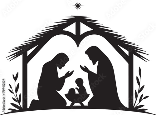 Silhouette shows Mary, Joseph and baby Jesus in manger under bright star with transparent background