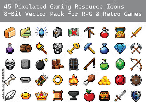 45 Pixelated gaming resource icon set 