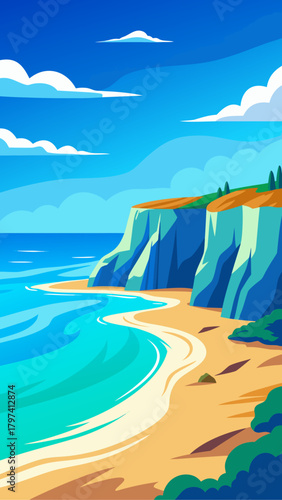 Illustration of a beach with cliffs and blue sky view