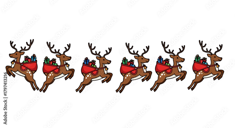 Fototapeta premium Cute Handdrawn Reindeer Seamless Pattern with Gift Sacks for Holiday Season