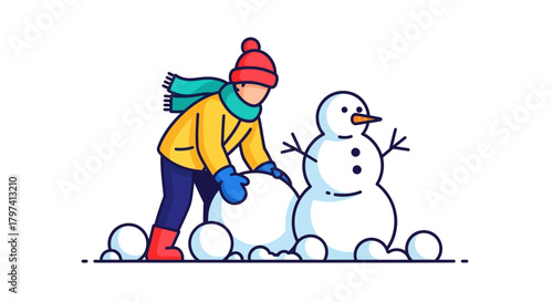 Outline Illustration of Person Rolling Snowball for a Snowman in Winter