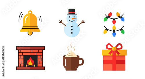 Cute Flat Christmas Element with Bell, Snowman, Fireplace, Gift, Light, and Coffee Illustration