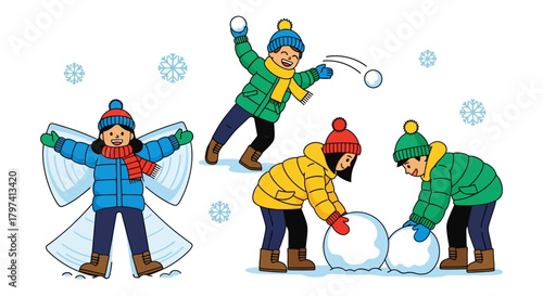 Cartoon Style Winter Scene Illustration of Children Playing Outdoors in Snow