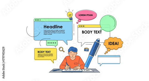 Modern Line Art Man Writing Idea Generation with Speech Bubble and Elements