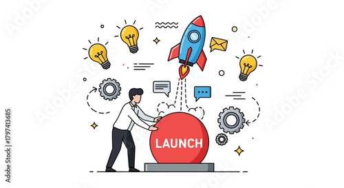 Modern Line Art Launch Button with Rocket Startup Business Concept