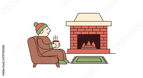 Flat Line Style Man Relaxing with Hot Drink Near Fireplace Illustration